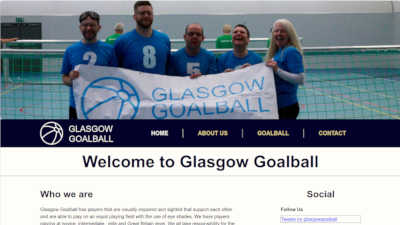 Front
            page of the glasgow-goalball.org.uk website as it appears on a desktop computer